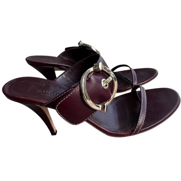 Gucci Pelle S.Cuoio Wine Leather Buckle Heel Sandals Size 8B - Picture 1 of 10